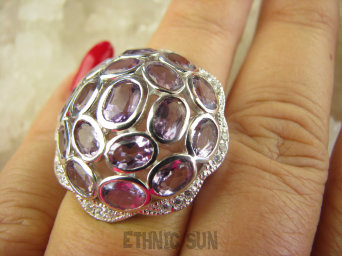 bpee4153 Lśniąca Kopuła Piękny Pierścień Pierścionek naturalny Fioletowy Ametyst, oraz Cyrkonie r.14 SREBRO RODOWANE 925 #