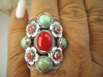 bpe8110 Wybitna kolekcja - Duży Ażurowy Piękny Pierścień Koral zielony Turkus Turkusy r.22 Srebro 925 #