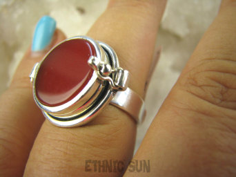 bpe6299 Biżuteria Orientalna !!! Otwierany Pierścień na Zdjęcia, Marzenia SEKRETNIK Czerwony ONYKS r.17/ r.18 Srebro 925 #