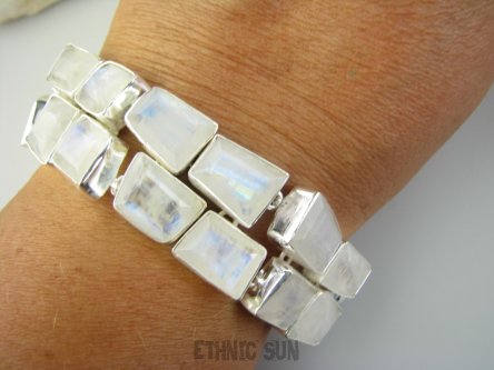 bb3813 NIESAMOWITA UFF Tęczowa WIELOBARWNA Szeroka DUŻA DWURZĘDOWA Aż 52 gramy, 19 sztuk SZLIFOWANYCH kamieni pięknie się mieniących !!! WSPANIAŁA Bransoleta Szlifowany Kamień Księżycowy Srebro 925 #