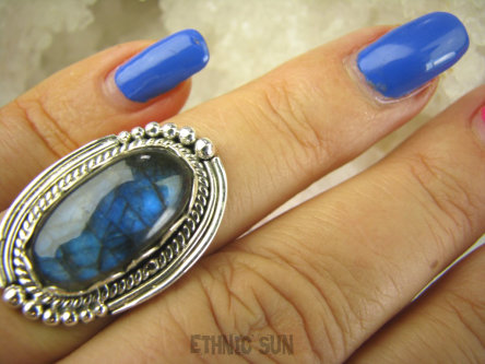 bpe6989 Czarodziejsko Piękny Orientalny Pierścień Niebieski, Granatowy Labradoryt Spektrolit - kamień Zorzy Polarnej r.14 Srebro 925 #