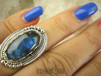 bpe6989 Czarodziejsko Piękny Orientalny Pierścień Niebieski, Granatowy Labradoryt Spektrolit - kamień Zorzy Polarnej r.14 Srebro 925 #