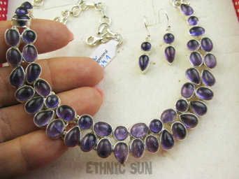 bn1641 Komplet biżuterii naszyjnik i kolczyki Przepiękna Kolia Regulowany Naszyjnik Fioletowy Ametyst Srebro 925 #