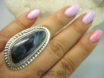 bpe6159 CUDNY mieniący się Długi 4,5 cm Pierścień Iskrzący KAMIEŃ BURZY Czarny Niebieski Pietersyt z Namibii - RZADKOŚĆ r.18 Srebro 925 #