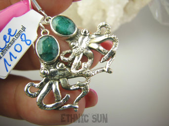 bkee1108 Figlarne i przepiękne Ośmiorniczki cudowne kolczyki Ośmiornica - symbolizuje kreatywność, Szmaragd Indyjski Szmaragdy SREBRO 925