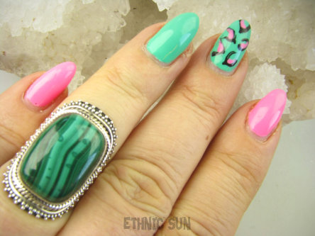 bpe8885 MALACHIT W ORIENTALNEJ OPRAWIE -  Pierścień Pierścionek MALACHIT - pobudza kreatywność r.14 Srebro 925 #