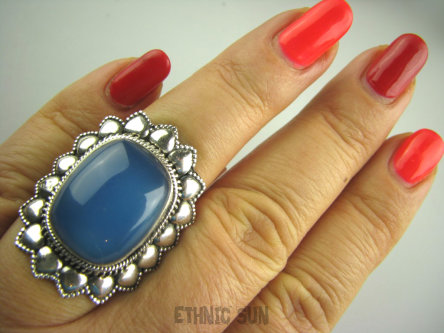 bpe3546 Wielki Piękny Kwiat !!! Błękitno - Niebieski CHALCEDON (TARCZYCA) Masywny 14 gramów !!! DUŻY 3,5 cm Pierścień r.15,5/ r.16 Srebro 925 czakra gardła #