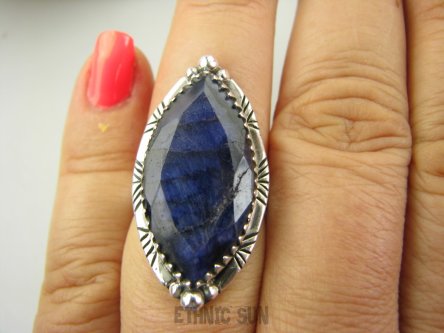 bpee4219 CUDOWNY Długi 3.2 cm Pierścień Pierścionek Szafir Indyjski w orientalnej oprawie Szafiry - WIERNOŚĆ w związkach , Stres, choroby oczu ciśnienie r.15 Srebro 925 #