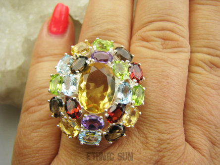 bpee4598 Wooow BOSKO PIĘKNY WIELOBARWNY Lux Pierścień Pierścionek naturalny Cytryn, Ametyst, Kwarc Dymny, Granaty, Oliwin, Blue Topaz r.18 SREBRO 925 #