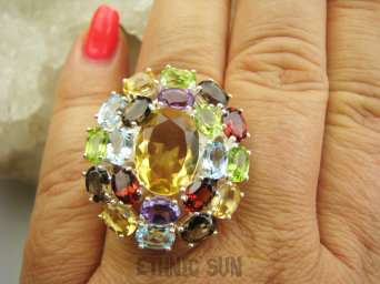 bpee4598 Wooow BOSKO PIĘKNY WIELOBARWNY Lux Pierścień Pierścionek naturalny Cytryn, Ametyst, Kwarc Dymny, Granaty, Oliwin, Blue Topaz r.18 SREBRO 925 #
