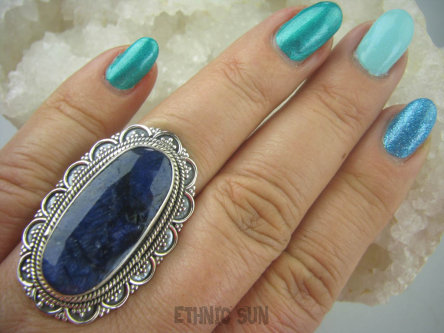 bpee3208 Szafirowy Długi 4 cm Przepiękny Pierścień Szafir Indyjski Szafiry - WIERNOŚĆ związkach , Stres, choroby oczu ciśnienie r.18 Srebro 925 #