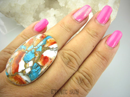 bpe9267 Wielobarwny Duży 19g Pierścień Pierścionek OSTRYGOWY TURKUS MIEDZIANY TOSTRYGA Muszla złota MIEDZ r.17  Srebro 925 #