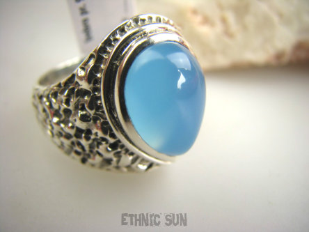 bpe4464 BŁĘKITNO NIEBIESKI Cudny Pierścień Pierścień Chalcedon - wspomagający leczenie Tarczycy r.19/ r.20 Srebro 925 #