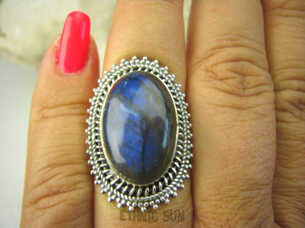 bpe8184 Czarodziejsko Piękny Orientalny Pierścień Szary, Granatowy Labradoryt Spektrolit - kamień Zorzy Polarnej r.16/ r.17 Srebro 925 #
