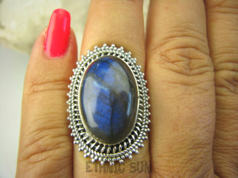 bpe8184 Czarodziejsko Piękny Orientalny Pierścień Szary, Granatowy Labradoryt Spektrolit - kamień Zorzy Polarnej r.16/ r.17 Srebro 925 #