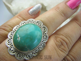 bpe5953 Biżuteria Egzotyczna !!! DUŻY Pierścień z Turkusem w koronkach Wielobarwny TURKUS - opiekun ciała i duszy r.15/ r.16 Srebro 925 #