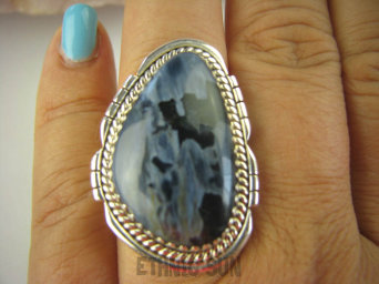 bpe6334 CUDNY mieniący się Długi Pierścień Iskrzący KAMIEŃ BURZY Czarny Niebieski Pietersyt z Namibii - RZADKOŚĆ r.17 Srebro 925 #