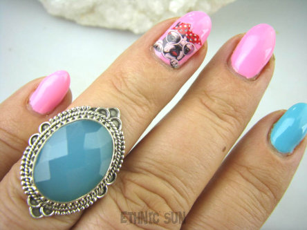 bpee3131 CACUSZKO Przepiękny Pierścień szlifowany błękitno niebieski Chalcedon (tarczyca) CZAKRA GARDŁA r.14 Srebro 925 #