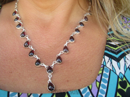 bn1449 Przepiękna Kaskada Duża Bardzo Wygodna REGULOWANA MIN 41cm DO MAX 56CM Kolia Naszyjnik z Granatami Granaty - kamień namiętności Srebro 925 #