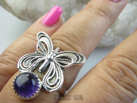 bpe9248 CUDO FILIGRAN! Ażurowy MOTYL - Symbol Miłości Szczęścia i Radości Pierścień, Pierścionek fioletowy Ametyst kamien mądrości r.17 Srebro 925 #