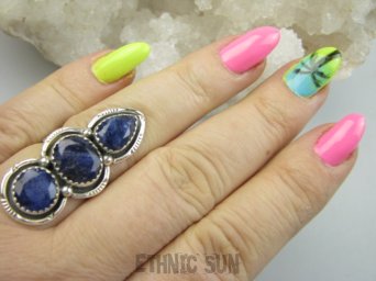 bpee4529 Długi 3.7 cm WSPANIAŁY KUNSZTOWNY Pierścień Pierścionek SZAFIR INDYJSKI Szafiry r.17 SREBRO 925 #