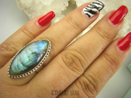 bpe8071 Czarodziejsko Piękny CUDOWNY Orientalny Pierścień Labradoryt Spektrolit - kamień Zorzy Polarnej r.18 Srebro 925 #