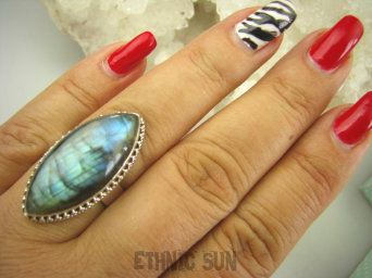 bpe8071 Czarodziejsko Piękny CUDOWNY Orientalny Pierścień Labradoryt Spektrolit - kamień Zorzy Polarnej r.18 Srebro 925 #