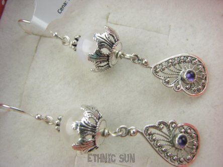 bke1281 Alez piękny wzór  Lekkie 12g Długie 6 cm Piękne Ażurowe Kolczyki Kamień Księżycowy, Fioletowy Ametyst Srebro 925