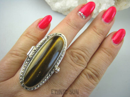 bpe5641 GIGANT 30 gramów !!! Długi Otwierany Duży Sekretnik  PRZEPIĘKNY Pierścień na zdjęcia lub marzenia, Tygrysie Oko - Wspomaga Oczy Astma Krążenie i TRAWIENIE r.17 Srebro 925 #