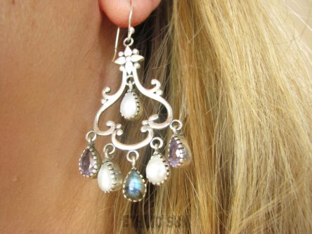 bkee1111 Tak seksowne OSZAŁAMIAJĄCO PIĘKNE wielobarwne cuda kunsztowne kobiece Kusicielki !!! Ażurowe Długie 6.2 cm Kolczyki Perła, Ametyst, Labradoryt Spektrolit Perły Ametysty Srebro 925