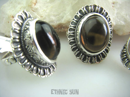 bpe4702 Śliczny Orientalny Pierścień KWARC DYMNY KAMIEŃ ANTYSTRESOWY I USPOKAJAJĄCY r.19 Srebro 925 #