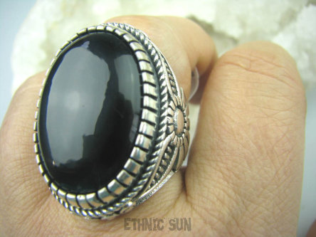 bpe5571 Niezwykły OLBRZYM MASYWNY 23 GRAMY !!!! Pierścień naturalny CZARNY ONYKS SERCE, EGZEMY,PAMIĘĆ r.18 Srebro 925 #