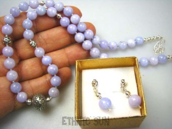 bn1178 FIOŁKOWY pastelowy Naszyjnik i Kolczyki sztyft JADEIT Fiołkowy orientalne Srebro 925