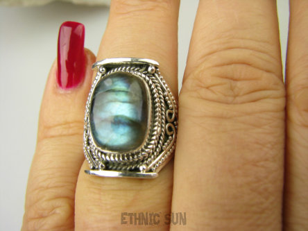 bpe8613 MAX BLASK Delikatny Pierścień Pierścionek Labradoryt Spektrolit - kamień zorzy polarnej r.15 Srebro 925 # 