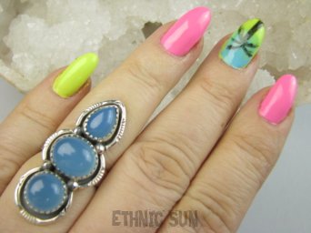 bpe9558 Czarodziejsko Piękny Długi 3.7 cm Orientalny Pierścień Pierścionek Chalcedon r.14/r.15 Srebro 925 #