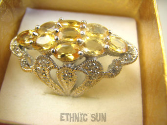 bpee4107 Ależ piękny Długi Lśniący Pierścień Pierścionek naturalny Złoty Cytryn oraz Cyrkonie r.16 i r.17 SREBRO RODOWANE 925 #