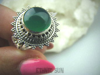 bpe5990  Koronkowy Śliczny Pierścień Zielony ONYKS regeneruje SERCE, EGZEMY, PAMIĘĆ r.13 pięknie zdobione Srebro 925 #
