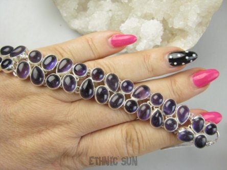 bb3888 DWURZĘDOWA Duża, szeroka 38 gramów, 30 sztuk !!! WSPANIAŁA Bransoleta Bransoletka Ametyst - kamień mądrości Srebro 925 #