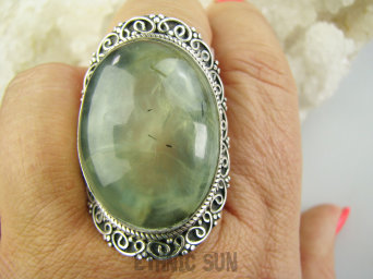 bpe9733 ZIELONA OAZA ! Egzotyczny Pierścień Pierścionek z naturalnym Prehnitem PREHNIT DUŻY ROZMIAR  r.24/ r.25 Czakra Serca Srebro 925 #