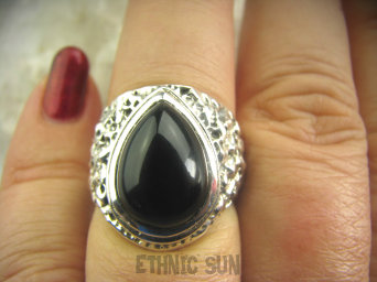 bpe4398 Piękny OKAZ Jubilerski - Śliczny Pierścień z onyksem ONYKS regeneruje SERCE, EGZEMY, PAMIĘĆ r.15 Srebro 925 #