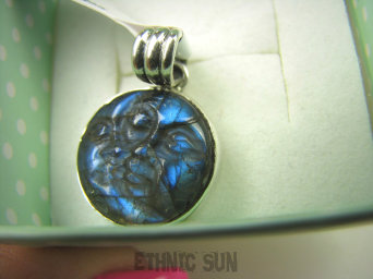 bwe3192 Delikatny Wisior Dwie Twarze - Księżyc i Słońce Labradoryt Spektrolit Kamień Zorzy Polarnej Srebro 925