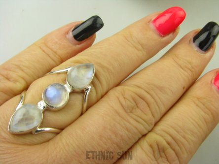 bpe8660 Długi 3.4 cm Finezyjny Ażurowy Pierścień podwójna obrączka Kamień Księżycowy r.17 Srebro 925