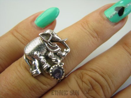 bpe9289 Przepiękny Unikatowy Delikatny Pierścień Pierścionek SŁOŃ na szczęście Ametyst r.15 Srebro 925 #