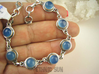 bb2927 BŁĘKITNA LAGUNA - UNIWERSALNA Kobieca Bransoleta z naturalnym Chalcedonem Niebieski Chalcedon Tarczyca Srebro 925 #