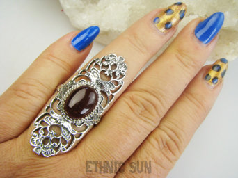 bpe9679 Biżuteria Orientalna POEZJA Ażurowy DŁUGI Pierścień Pierścionek naturalny SARD Kamień mocy i zmiany duchowej spokoju  RUDO-BRĄZOWY KARNEOL  r.22 Srebro 925 #