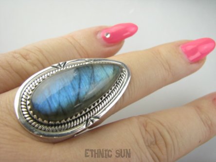 bpe9459 Piękny Długi 3.7 cm Orientalny Pierścień Pierścionek Labradoryt Spektrolit - kamień Zorzy Polarnej r.16 Srebro 925 #