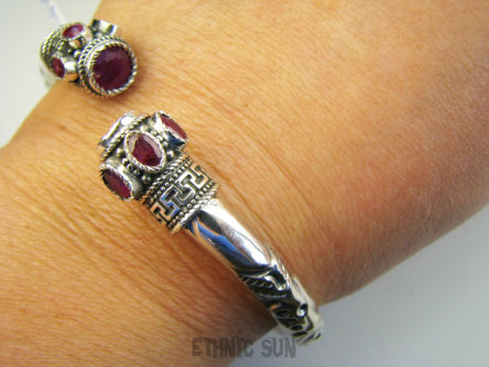 bb3929 Ależ piękna !!! LUKSUSOWA PIĘKNOŚĆ !!! CUDOWNA DUŻA 29G Orientalna Otwarta Bransoleta Bangla szlifowany Rubin Indyjski Rubiny Srebro 925 #