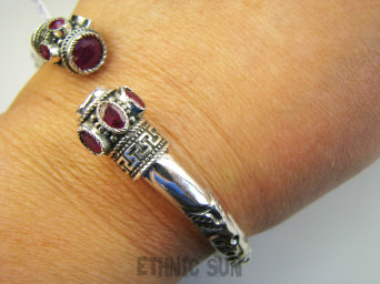bb3929 Ależ piękna !!! LUKSUSOWA PIĘKNOŚĆ !!! CUDOWNA DUŻA 29G Orientalna Otwarta Bransoleta Bangla szlifowany Rubin Indyjski Rubiny Srebro 925 #