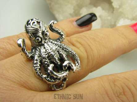 bpe8796 CUDOWNA Królowa mórz i oceanów Pani Ośmiornica !!! Regulowany Pierścień cały ze srebra Ośmiornica - symbolizuje kreatywność r.15 r.16, r.17, r.18, r.19  SREBRO 925 # morskie Skarby 