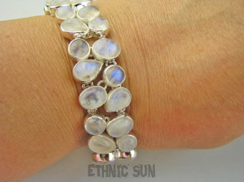 bb3850 DUŻA DWURZĘDOWA 38 gramów 30 sztuk kamieni Wspaniała Wielobarwna Bransoleta Bransoletka Kamień Księżycowy Srebro 925 #